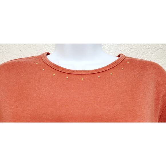Christina Hope Petite Orange Round Neck Gold Studs Top Large Lightweight Stretch - Picture 2 of 6